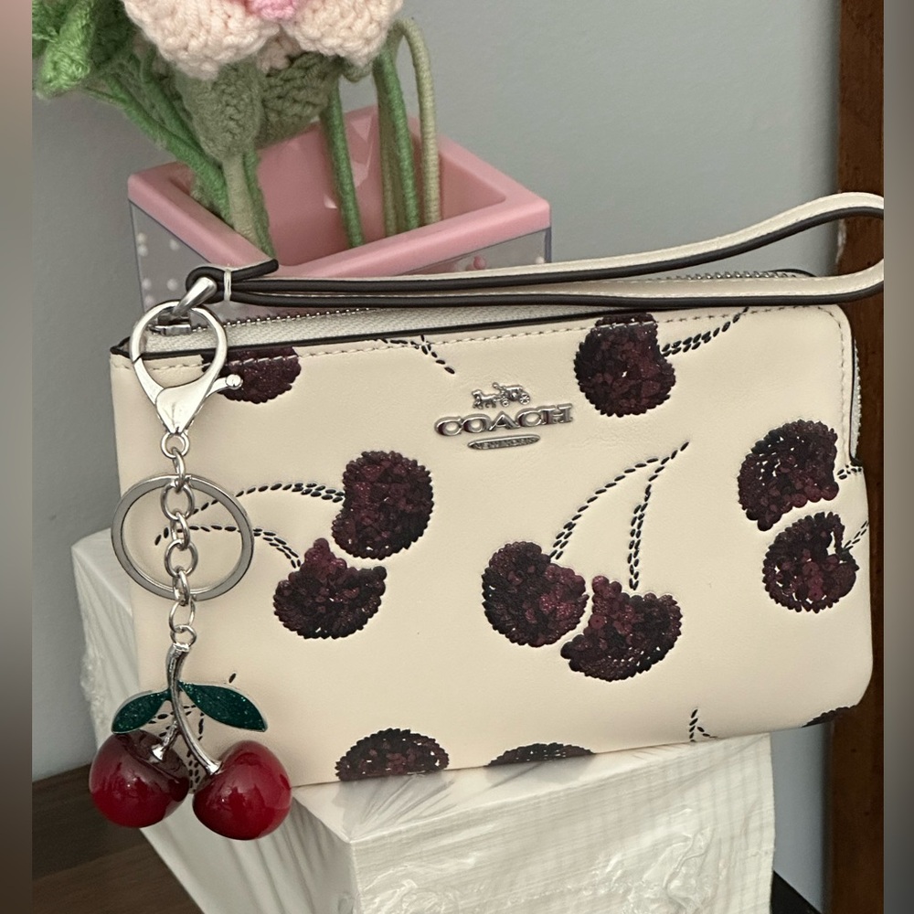 Coach Corner Zip Wristlet Wallet with Cherry Print and Cherry Charm - Picture 11 of 12